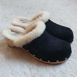 UGG Black and Cream Shearling Clogs